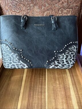 Montana West Black Tote with Leopard-Accent and Studs